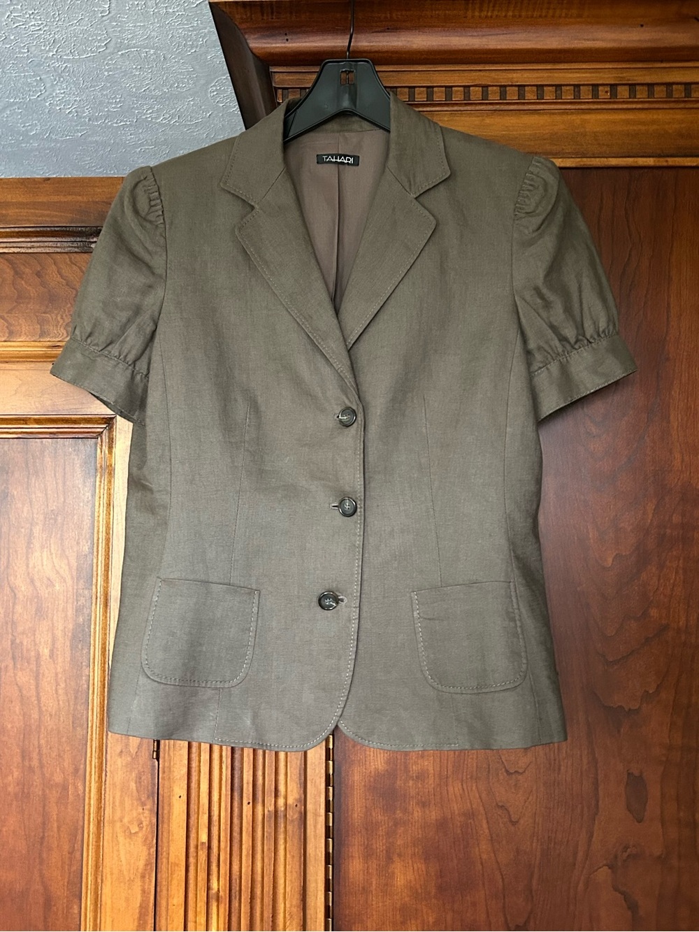 Tahari Olive/Brown Java(Neutral)Short-Sleeve Notch-Lapel Stitching Design Blazer